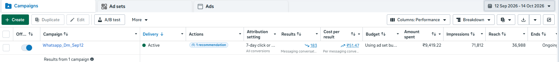 Meta Ads Manager interior leads campaign screenshot